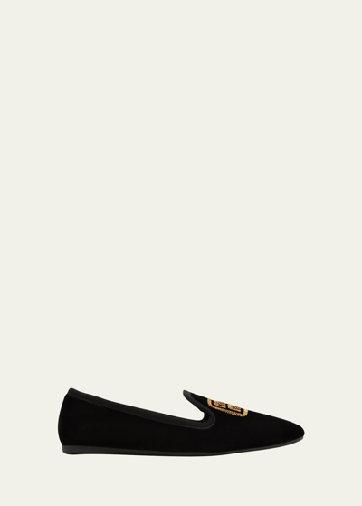 Shop Miu Miu Pantofola Velvet Logo Loafers In Nero