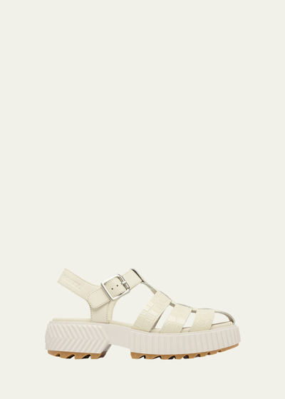 Shop Sorel Ona Embossed Leather Fisherman Sandals In Chalk Sea Salt