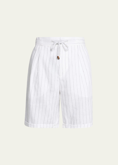 Shop Brunello Cucinelli Men's Stripe Linen Bermuda Shorts In C003 White Black