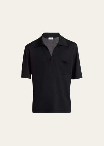 Shop Saint Laurent Men's Johnny-collar Knit Polo Shirt In Nero