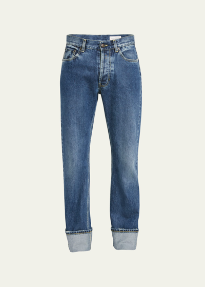 Shop Alexander Mcqueen Men's Cuffed Washed Denim Jeans In Dusty Blue
