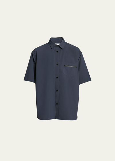 Shop Sacai Men's Taffeta Side-zip Button-down Shirt In Navy