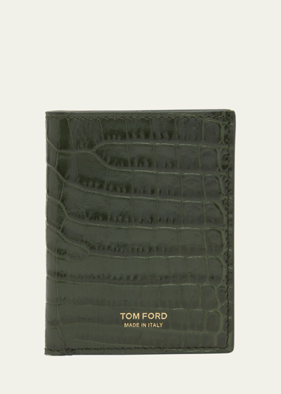 Shop Tom Ford Men's T Line Croc-effect Bifold Card Holder In Rifle Green