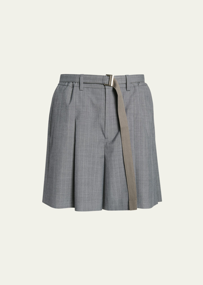 Shop Sacai Men's Pinstripe Pleated-back Belted Shorts In Gray