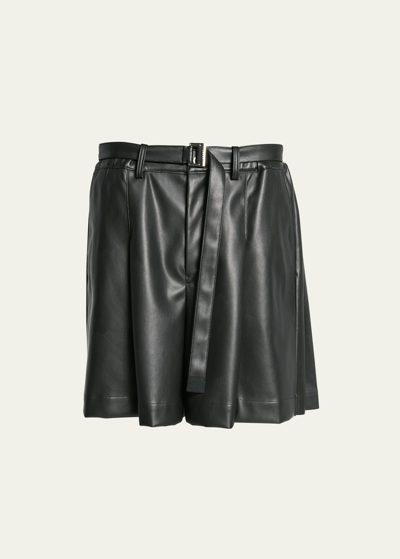 Shop Sacai Men's Belted Faux Leather Pleated-back Shorts In Black