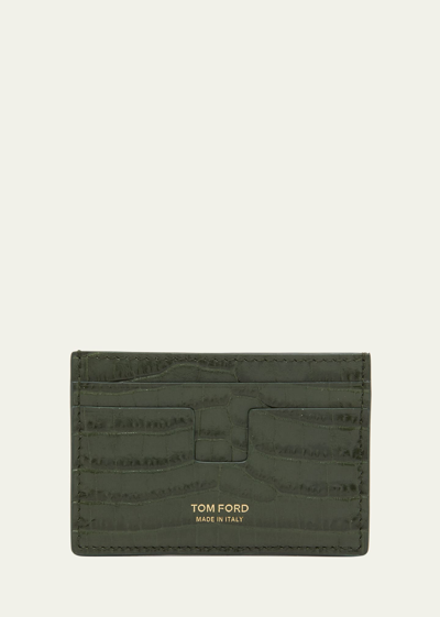 Shop Tom Ford Men's Croc-printed T Line Cardholder In Rifle Green
