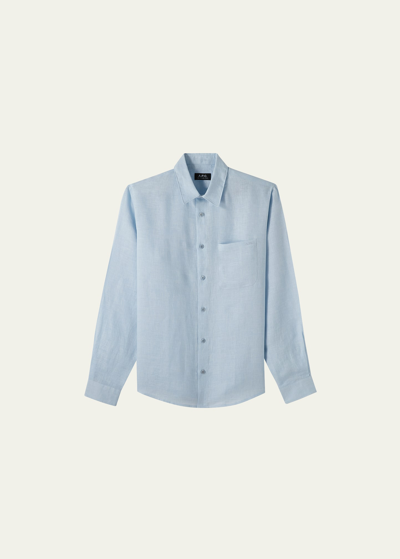 Shop Apc Men's Cassel Linen Button-down Shirt In Bleu Cla