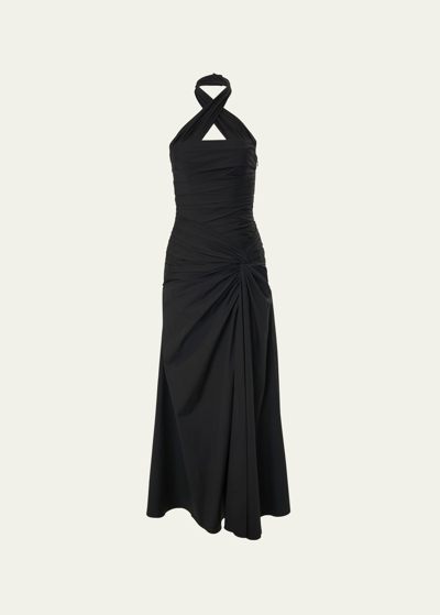 Shop Carolina Herrera Gathered Halter Midi Dress In Black