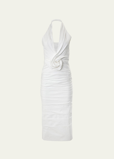 Shop Carolina Herrera Halter Twisted Flower Ruched Midi Dress In White