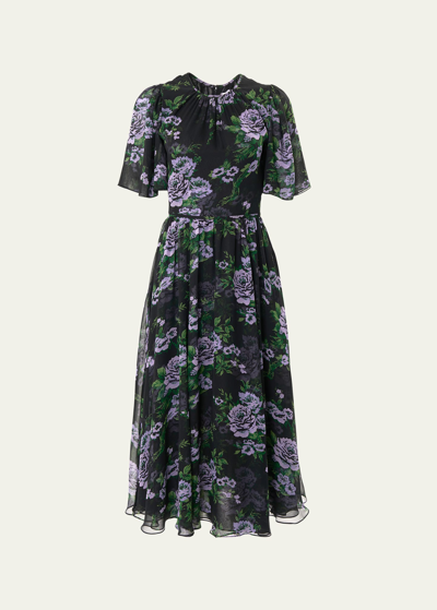 Shop Carolina Herrera Floral-print Gathered Silk Chiffon Midi Dress In Black Multi