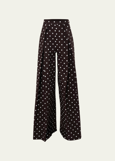 Shop Carolina Herrera Pleated Wide-leg Polka-dot Pants In Mocha Multi