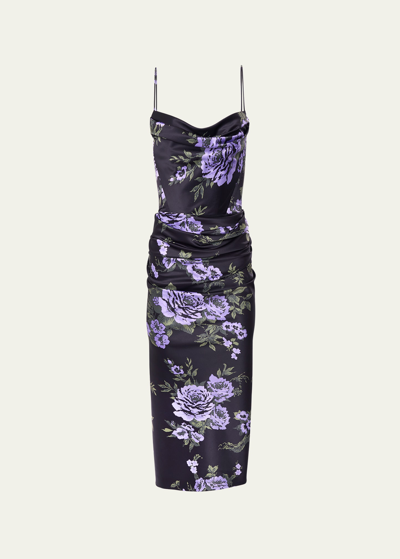 Shop Carolina Herrera Floral Print Draped Midi Dress In Black Multi