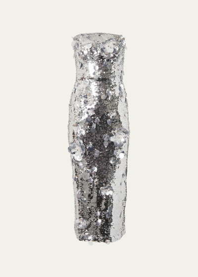 Shop Carolina Herrera Embellished Strapless Sequined Cocktail Dress In Silver
