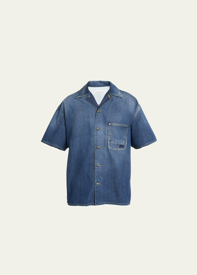 Shop Alexander Mcqueen Men's Washed Denim Camp Shirt In Dusty Blue