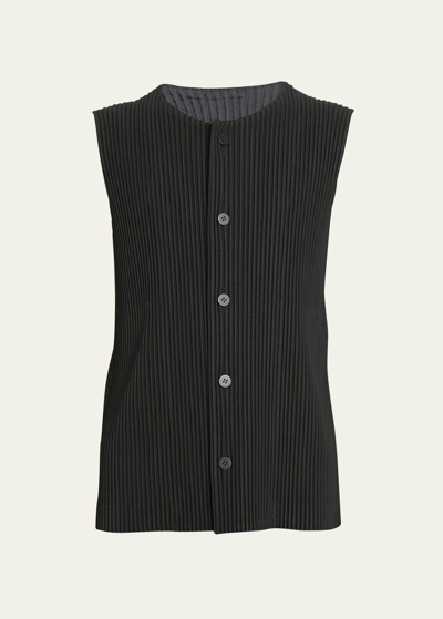 Shop Issey Miyake Men's Pleated Button-front Vest In Black