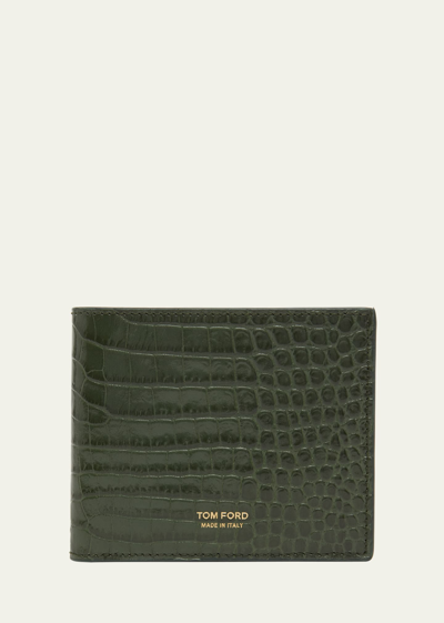 Shop Tom Ford Men's Croc-effect Leather T-line Bifold Wallet In Rifle Green