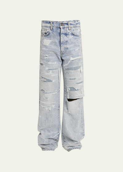 Shop Amiri Men's Crystal-embellished Repaired Baggy Jeans In Perfect Indigo