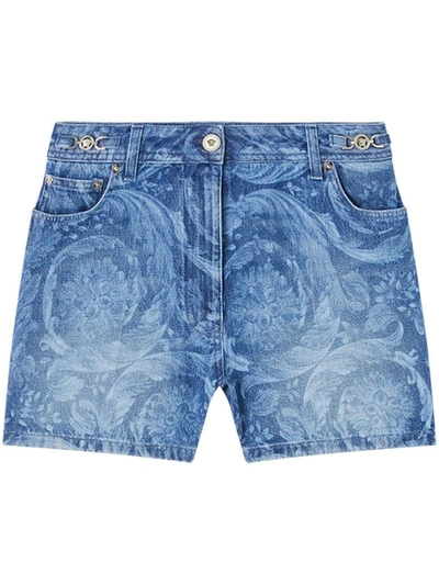 Shop Versace Baroque Denim Shorts Clothing In Blue