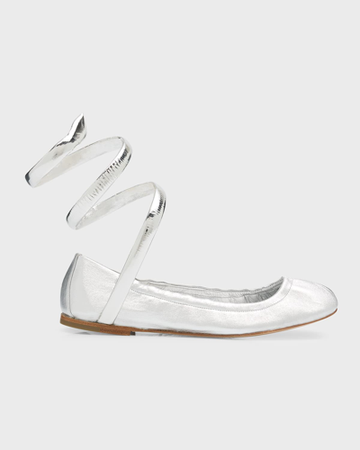 Shop René Caovilla Metallic Snake-wrap Ballerina Flats In Silver