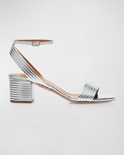 Shop Aquazzura Sundance Metallic Ankle-strap Sandals In Silver