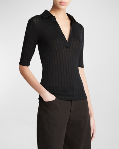 Shop Vince Elbow-sleeve Silk Rib Polo Shirt In Black