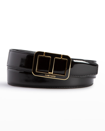 Shop Tom Ford Men's Glossy Patent Leather T-buckle Belt In Black