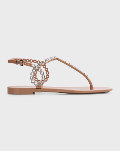 Aquazzura T-strap Pink Sandals With Circular Embellishments In Powder Pink
