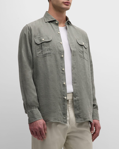 Shop Peter Millar Men's Florian Linen Sport Shirt In Sage Fog