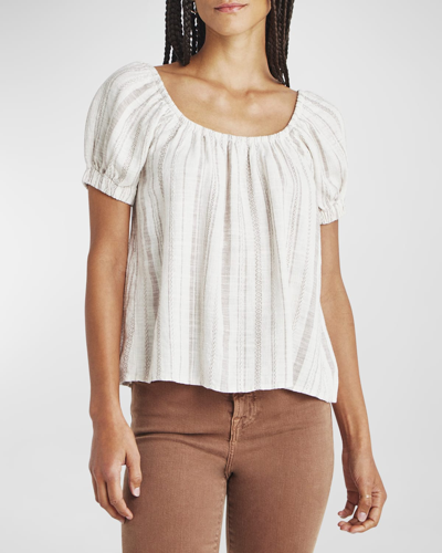 Shop Splendid Farrah Linen Stripe Puff-sleeve Top In Fawn Yard Dye