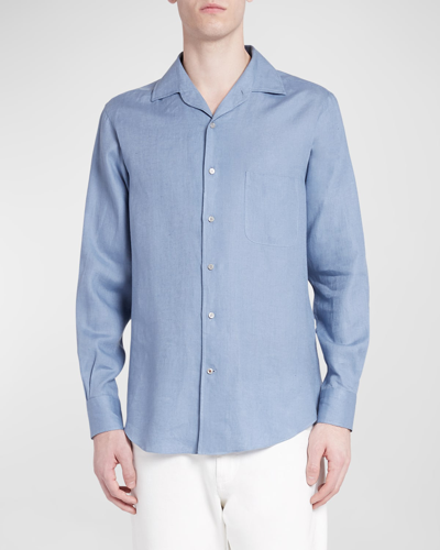 Shop Loro Piana Men's Andrew Long-sleeve Linen Shirt In 600r Soap Azure