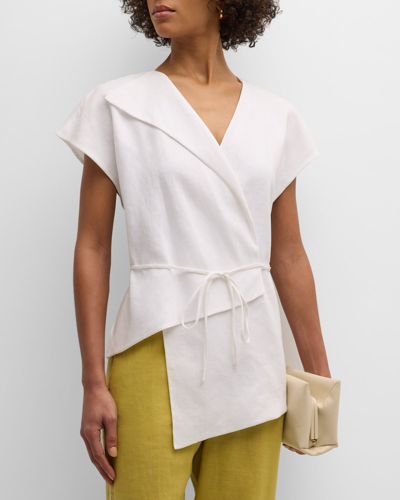 Shop Fabiana Filippi Asymmetric Linen Wrap Top In Bianco Ottico