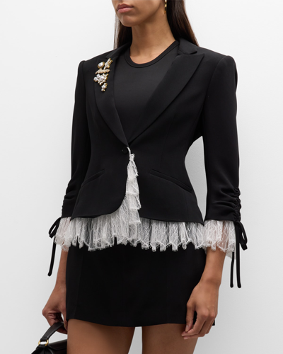 Shop Cinq À Sept Le Petit Lace And Brooch Roxie Blazer In Blackivory