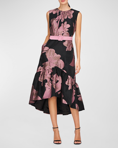 Shop Kay Unger High-low Belted Floral-print Midi Dress In Black/dark Midnig