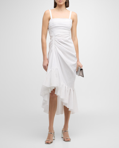 Shop Cinq À Sept Zinnia Gathered Poplin Sleeveless High-low Midi Dress In White