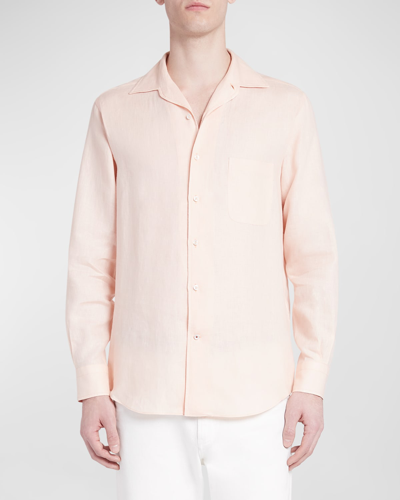Shop Loro Piana Men's Andrew Long-sleeve Linen Shirt In 303i Light Baby R