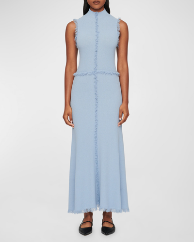 Shop Clea Avalon Fringe-trim Maxi Dress In Blue Tint