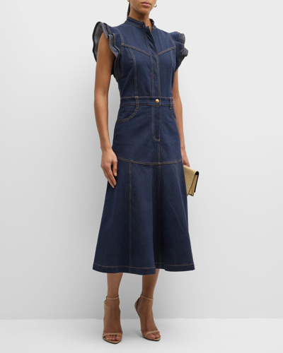 Shop Dea Kudibal Devanti Flutter-sleeve Denim Midi Dress In Classic Blue