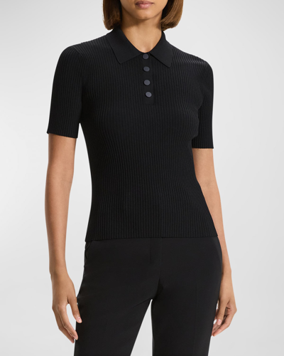 Shop Theory Ribbed Compact Crepe Short-sleeve Polo Shirt In Black