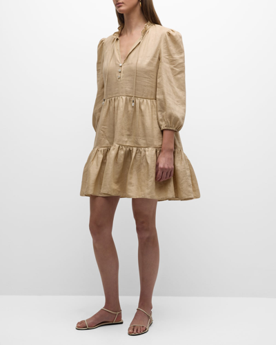 Shop Veronica Beard Hawken V-neck Tiered Mini Dress In Pebble Khaki