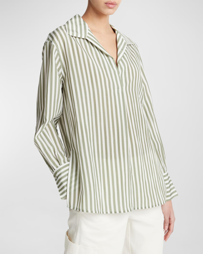 Shop Vince Coast Stripe Shaped-collar Pullover Shirt In Sea Fern/optic Wh