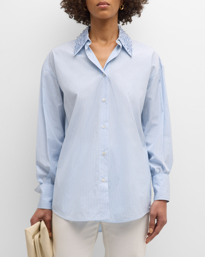 Shop Fabiana Filippi Beaded Striped Cotton Poplin Boyfriend Shirt In Only One Color