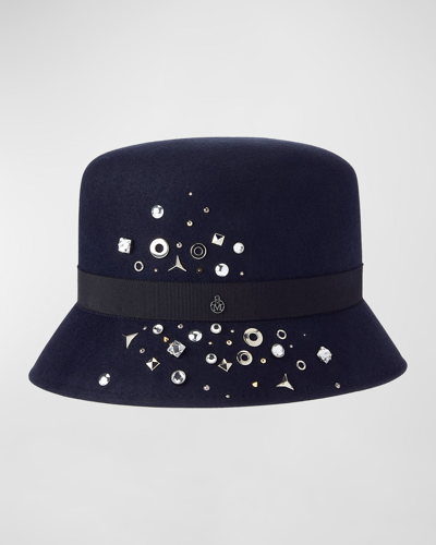 Shop Maison Michel Mini New Kendall Starlight Studded Felt Bucket Hat In Navy