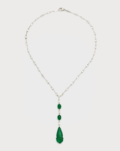 Shop Bayco Platinum Carved Emerald And Briolette Diamond Necklace In 20 Platinum