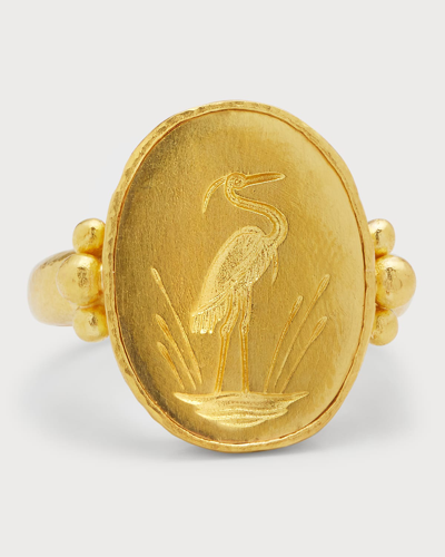 Shop Elizabeth Locke 19k Oval "crane" Ring With Triads In 05 Yellow Gold