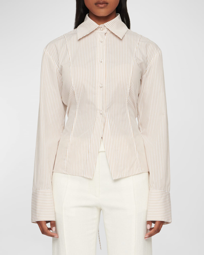 Shop Clea Herman Striped Fitted Button-front Shirt In Oat Stripe