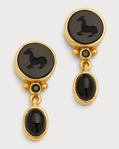 Shop Elizabeth Locke 19k Yellow Gold Venetian Glass Tiny Horse Earrings With Cabochon Stone In Cerulean