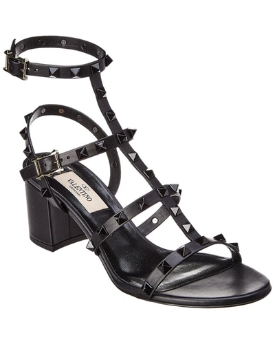 Shop Valentino Rockstud Caged 60 Leather Ankle Strap Sandal In Black