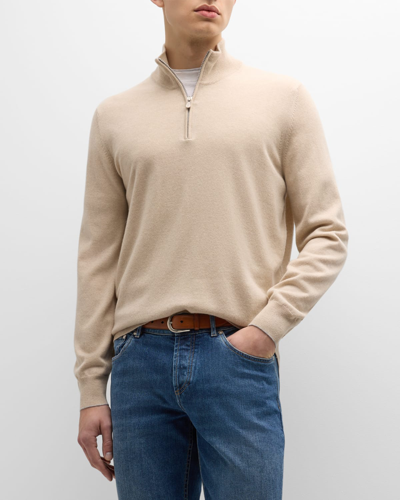 Shop Brunello Cucinelli Men's Cashmere Quarter-zip Sweater In Sand