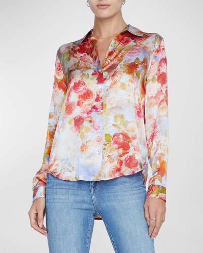 Shop L Agence Tyler Floral Silk Button-front Blouse In Multi Soft Cloud