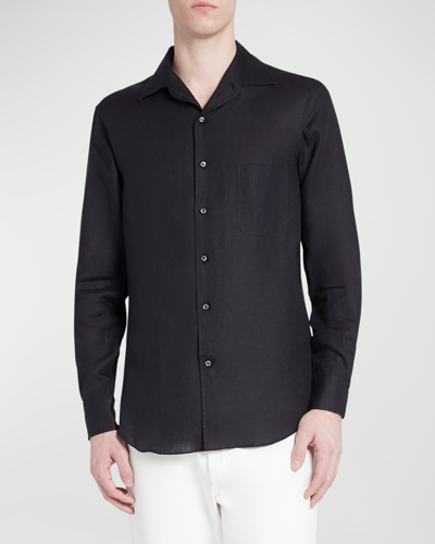 Shop Loro Piana Men's Andrew Long-sleeve Linen Shirt In W000 Blue Navy